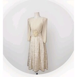 Vintage 80s George F Couture Evening Dress S Cream Accordion Pleats Designer Zip